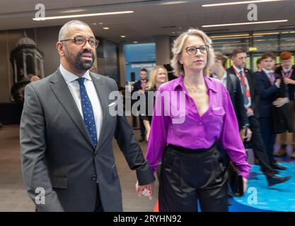 Manchester, UK. 01st Oct, 2023. Manchester, UK. 01st Oct, 2023. Secretary of State for Foreign, Commonwealth and Development Affairs, James Cleverly with wife Susannah Sparks arrive at Manchester Central where he is giving a speech on the 1st day of the conference. Credit: GaryRobertsphotography/Alamy Live News Credit: GaryRobertsphotography/Alamy Live News Stock Photo