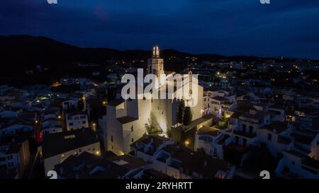 Night view from the air of the fishing village of Cadaques Stock Photo