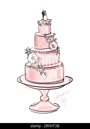 Multi-tiered wedding cake on a stand decorated with roses with a topper of bride and groom figurines. Modern sketch with pink watercolor, vector illus Stock Vector