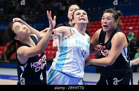 Shaoxing, China's Zhejiang Province. 1st Oct, 2023. Athletes compete during the Women's Preliminary Round Group match of Basketball between China's Hong Kong and Kazakhstan at the 19th Asian Games in Shaoxing, east China's Zhejiang Province, Oct. 1, 2023. Credit: Yang Guanyu/Xinhua/Alamy Live News Stock Photo