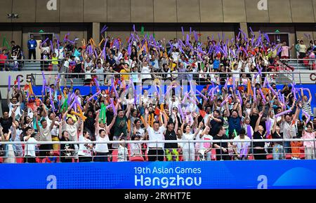 Shaoxing, China's Zhejiang Province. 1st Oct, 2023. Audience cheer during the Women's Preliminary Round Group match of Basketball between China's Hong Kong and Kazakhstan at the 19th Asian Games in Shaoxing, east China's Zhejiang Province, Oct. 1, 2023. Credit: Yang Guanyu/Xinhua/Alamy Live News Stock Photo