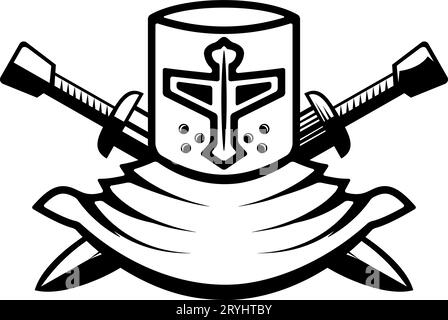 Knight helmet with crossed swords. Warrior helmet with swords. Design element Stock Vector