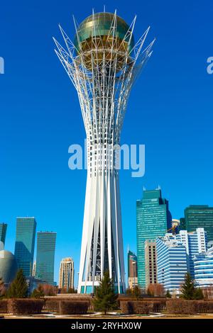 Astana (Nur-Sultan), Kazakhstan - April 4, 2023: New central part of Astana city with Baiterek tower Stock Photo