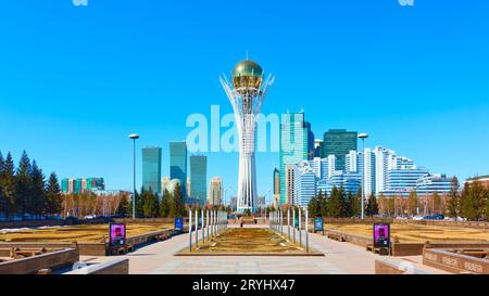 Astana (Nur-Sultan), Kazakhstan - April 4, 2023:  Panoramic view of Astana city with Nurjol Boulevard and Baiterek tower Stock Photo