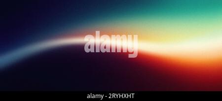 Color gradient on dark grainy background, ray of light, red green yellow blue color flow wave on black, wide banner size Stock Photo