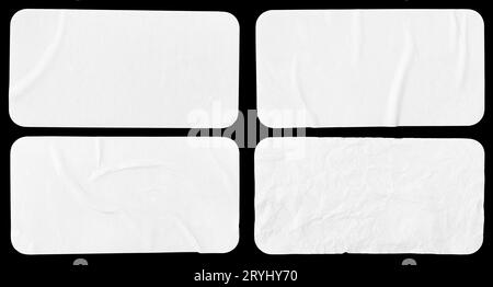 Set of four crumpled paper sheets, each of which is isolated on black background. Rectangle shape has rounded edges. Template mo Stock Photo