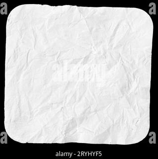 Blank white square shape card isolated on black background. Wrinkled paper piece. Template mockup Stock Photo