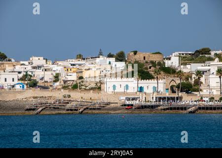 The town  Santa Maria di Leuca and Morciano tower  as seen from sea, Apulia region Italy Stock Photo