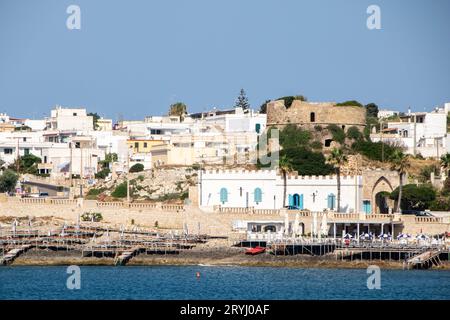 The town  Santa Maria di Leuca and Morciano tower  as seen from sea, Apulia region Italy Stock Photo