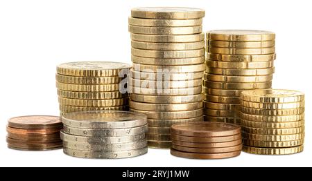 Close up of euro coins stacked isolated on white background Stock Photo