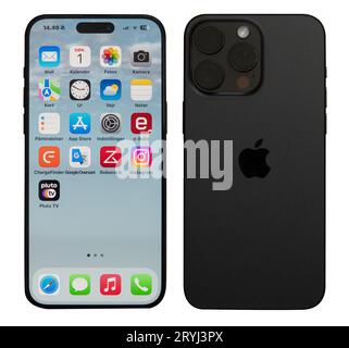 Front and back of iPhone 15 from Apple Computer isolated on white background. Copenhagen, Denmark - October 1, 2023. Stock Photo