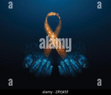 Two human hands are holds orange ribbon awareness. Leukemia awareness month concept. Abstract vector illustration on dark blue background. Stock Vector