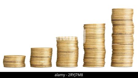 Golden coins stacked forming a raising chart isolated on white ...