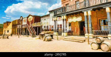 Creative illustration in vintage watercolor design - Wild West old village, rural buildings with blue sky. Stock Photo