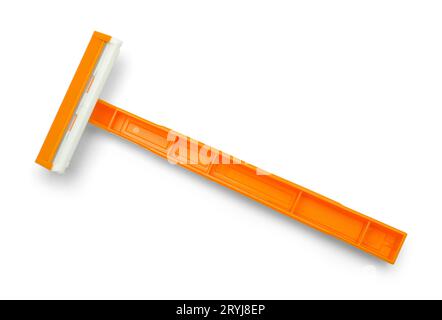 Disposable Plastic Orange Shaving Razor Cut Out on White. Stock Photo