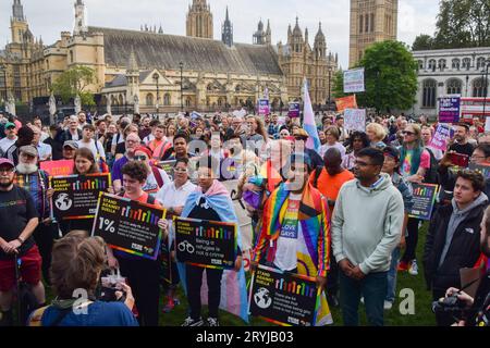 London, England, UK. 1st Oct, 2023. Protesters gathered in Parliament Square in response to recent controversial comments by Home Secretary Suella Braverman regarding LGBTQ people claiming asylum in the UK. According to numerous reports, in addition to stating that ''simply being gay, or a woman, and fearful of discrimination'' isn't enough for asylum, the Home Secretary also suggested that people ''pretend to be gay'' to seek asylum. (Credit Image: © Vuk Valcic/ZUMA Press Wire) EDITORIAL USAGE ONLY! Not for Commercial USAGE! Stock Photo