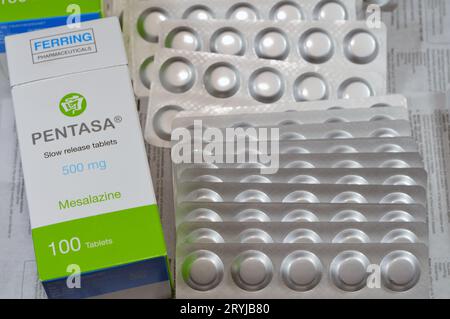 Cairo, Egypt, September 4 2023: Pentasa 500mg slow release tablets, Mesalazine, used in treatment of ulcerative colitis, by Ferring Pharmaceuticals, a Stock Photo