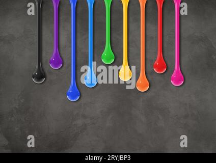 Colorful ink drops on dark concrete wall. Horizontal wallpaper Stock Photo