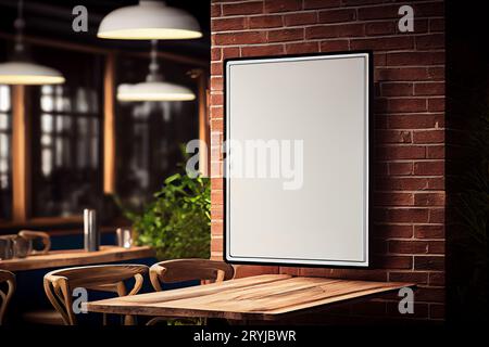 Mockup label, blank menu frame in Bar restaurant. Stand for booklets with white sheets paper on wooden table cafeteria Stock Photo