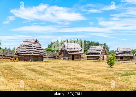 Small medieval village of shepherd huts with straw roof on sunny day. Stock Photo