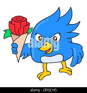 male blue bird carrying red roses for valentine surprise, vector illustration art. doodle icon image kawaii. Stock Photo