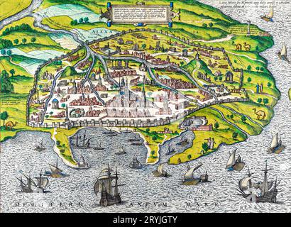 Map of Alexandria (1575) by Georg Braun. Stock Photo