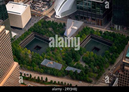 Aerial view about the 9/11 memorial place and museum in Newy York city, Lower Manhattan. Nest to the One world trade center building. Stock Photo