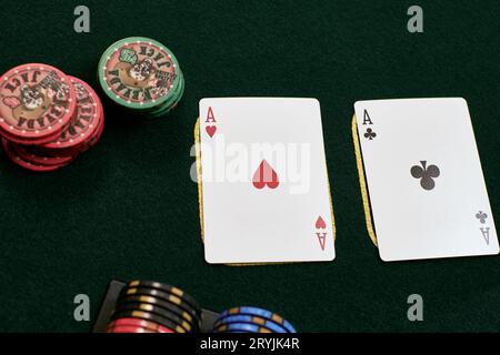 Close-up of pocket aces on Texas hold'em poker showdown Stock Photo