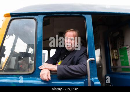 Rick Wakeman in cab of Class 31 diesel locomotive at Mangapps Railway Museum near Burnham on Crouch, Essex, UK. Ready to drive it Stock Photo