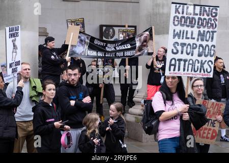 Manchester, UK. 1st Oct 2023. Owners of XL Bully Dogs protest outside the Conservative Party Conference against the banning of the breed. Credit: Mark Lear / Alamy Live News Stock Photo