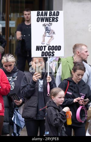 Manchester, UK. 1st Oct 2023. Owners of XL Bully Dogs protest outside the Conservative Party Conference against the banning of the breed. Credit: Mark Lear / Alamy Live News Stock Photo