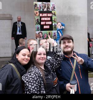 Manchester, UK. 1st Oct 2023. Owners of XL Bully Dogs protest outside the Conservative Party Conference against the banning of the breed. Credit: Mark Lear / Alamy Live News Stock Photo