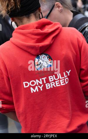 Manchester, UK. 1st Oct 2023. Owners of XL Bully Dogs protest outside the Conservative Party Conference against the banning of the breed. Credit: Mark Lear / Alamy Live News Stock Photo