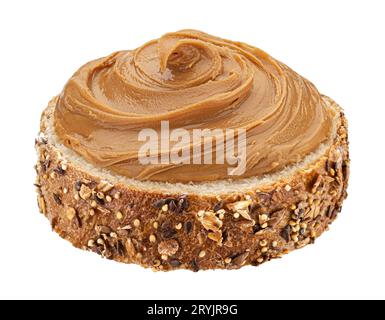 Bread slice with peanut butter isolated on white background Stock Photo