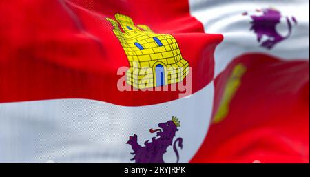 The Castile and Leon flag waving in the wind on a clear day Stock Photo