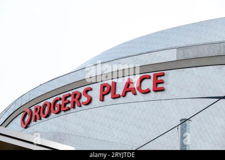 Edmonton, Alberta. Mar 30, 2023. A close up to a Rogers Place a multi-use indoor arena in Edmonton, Alberta, Canada. Stock Photo