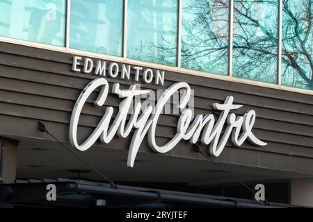 Edmonton, Alberta, Canada. Apr 3, 2023. An Edmonton City Centre entrance sign. A complex of shops and services, with a food cour Stock Photo