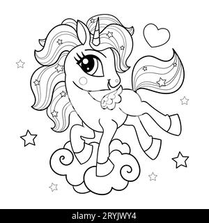 Cute cartoon unicorn on a cloud. Black and white illustration. For children's design of coloring books, prints, posters, cards, stickers, puzzles, etc Stock Vector