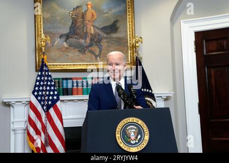 Washington, United States. 01st Oct, 2023. US President Joe Biden delivers remarks on the Congress stopgap government funding bill to avert an immediate government shutdown in the Roosevelt Room at the White House in Washington, DC on Sunday, October 1, 2023. Photo by Yuri Gripas/UPI Credit: UPI/Alamy Live News Stock Photo