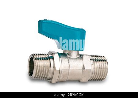 Metal water ball valve with short blue handle. Stock Photo
