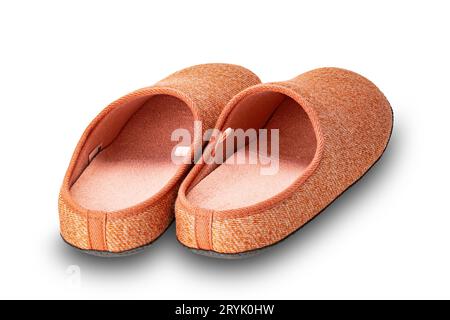 Pair of soft warm home slippers isolated on white background. Stock Photo