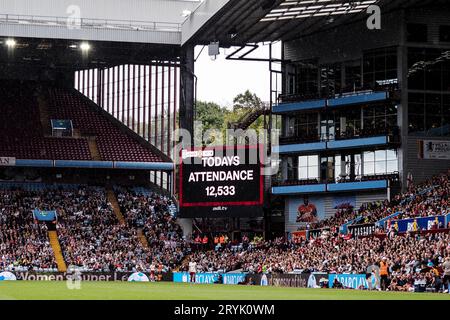 Birmingham, UK. 01st Oct, 2023. Birmingham, England, October 1st 2023: Attendance board during the Barclays FA Womens Super League match between Aston Villa and Manchester United at Villa Park in Birmingham, England (Natalie Mincher/SPP) Credit: SPP Sport Press Photo. /Alamy Live News Stock Photo