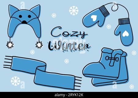Set of warm winter accessory, cute hat, boots with fur, scarf and mittens, flat style vector illustration Stock Vector