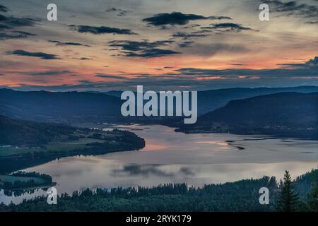 View over the Randsfjord in the midnight sun Stock Photo