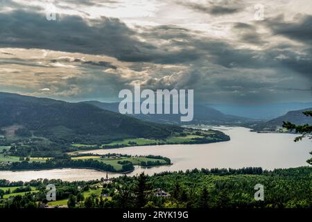 View over the Randsfjord in the midnight sun Stock Photo