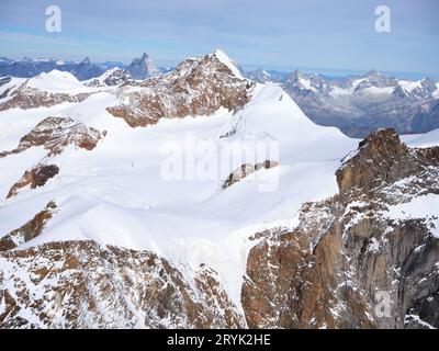 AERIAL VIEW. Italian side of Lyskamm (elevation: 4533m asl) on the Monte Rosa Massif. Aosta Valley, Italy. Stock Photo