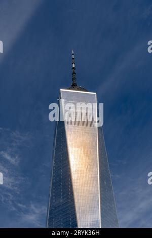 LOWER MANHATTAN, NEW YORK, USA - SEPTEMBER 16, 2023.  A vertical landscape view of The One World Trade Center building in Lower Manhattan and the fina Stock Photo
