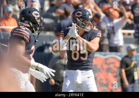 Chicago, United States. 01st Oct, 2023. Chicago Bears tight end Cole Kmet (85) celebrates a touchdown against the Denver Broncos at Soldier Field in Chicago on Sunday, October 1, 2023. Photo by Mark Black/UPI Credit: UPI/Alamy Live News Stock Photo