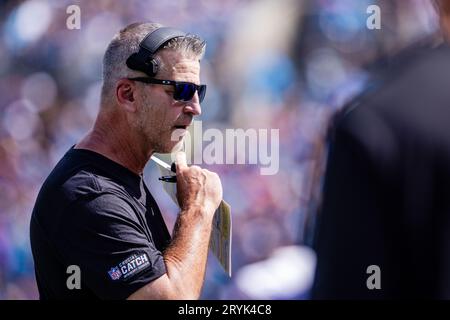 Charlotte, NC, USA. 1st Oct, 2023. Carolina Panthers Head Coach Frank Reich during the second quarter against the Minnesota Vikings in the NFL matchup in Charlotte, NC. (Scott Kinser/Cal Sport Media). Credit: csm/Alamy Live News Credit: Cal Sport Media/Alamy Live News Stock Photo