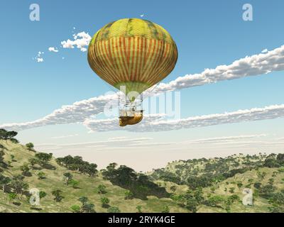 Fantasy hot air balloon over a mountain landscape Stock Photo